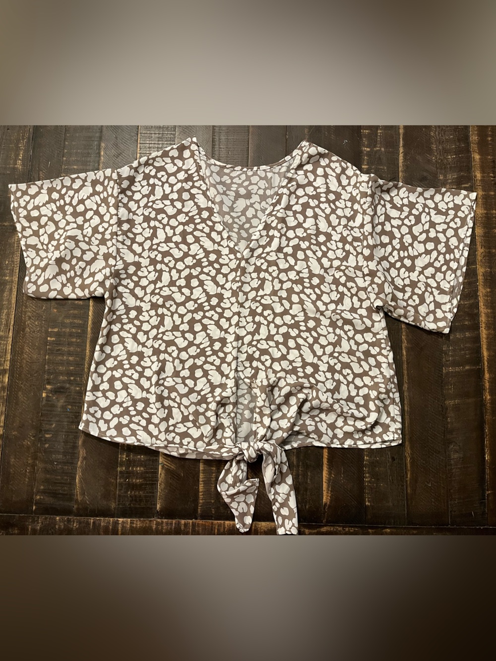 Flowy Tie-Front V-Neck Top in Taupe and White Leopard Print Lightweight Cropped
